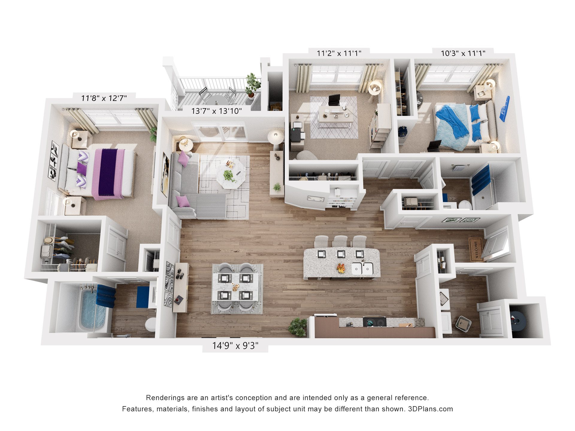 Floor plan for 3 beds, 2 baths, 1482 sqft